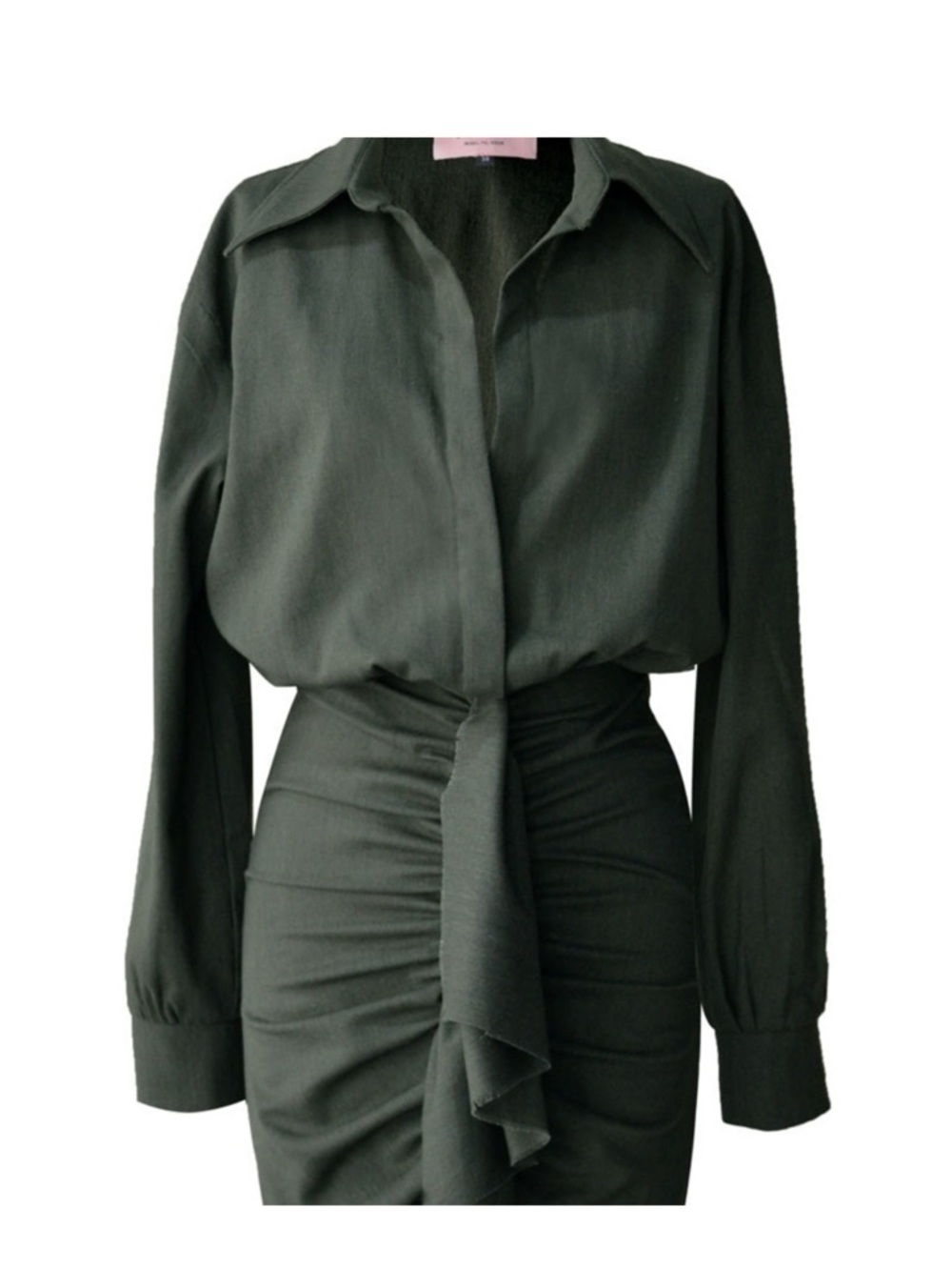 Tie-Front Olive Mini Dress with Long Sleeves